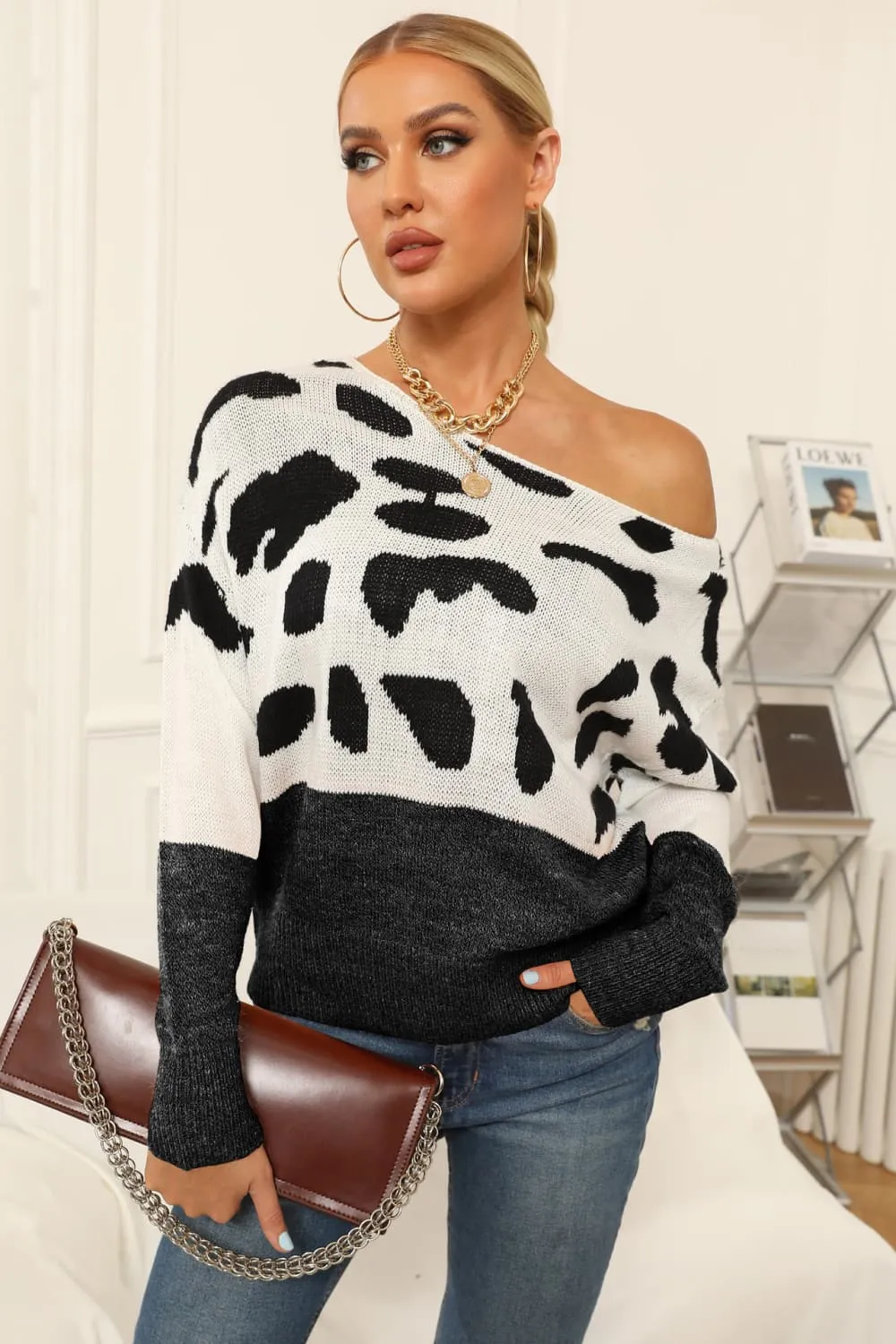 Full Size Two-Tone Boat Neck Sweater, image 2