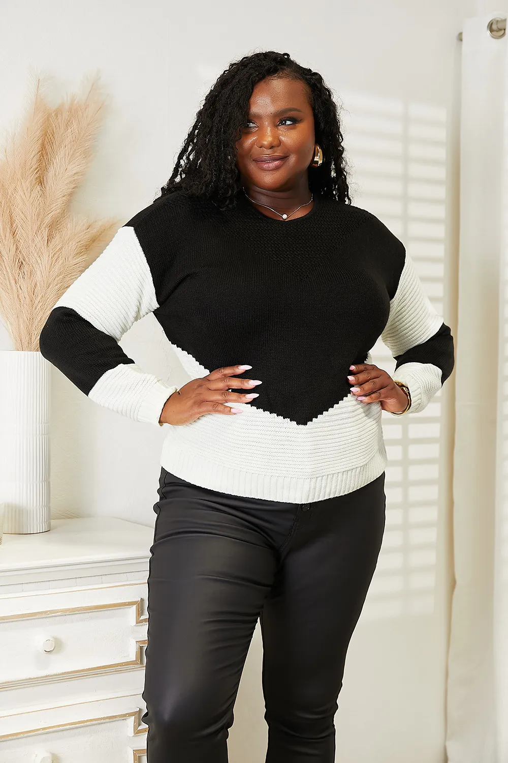 Two-Tone Openwork Rib-Knit Sweater, image 6