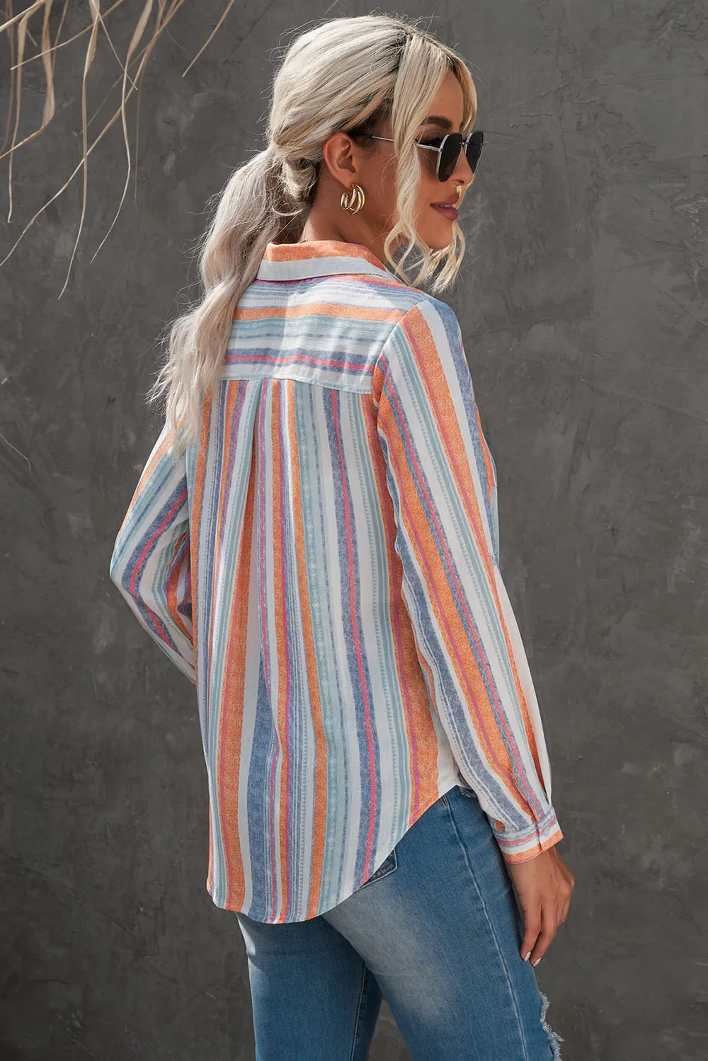Striped Button-Up Curved Hem Shirt with Breast Pocket, image 9