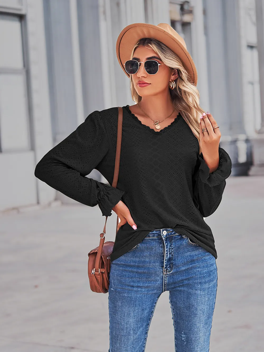 Eyelet V-Neck Flounce Sleeve Blouse, image 8