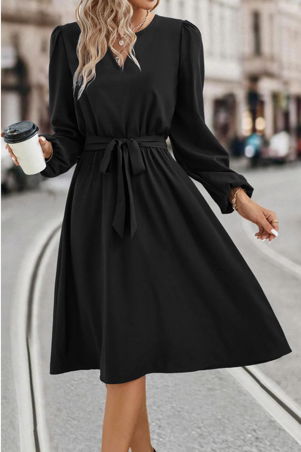Tie Waist Notched Neck Long Sleeve Dress, image 11