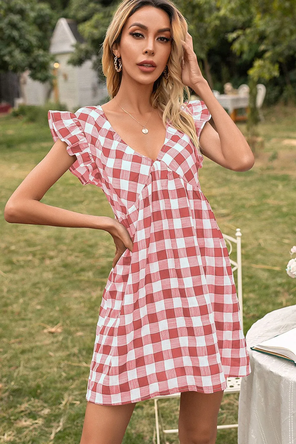 Plaid Butterfly Sleeve Deep V Dress, image 7