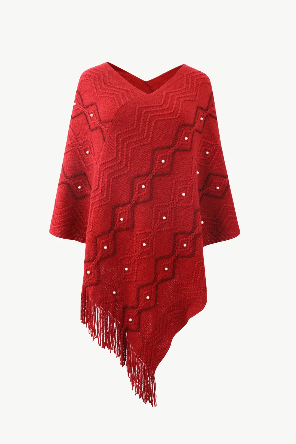 Pearl Trim V-Neck Fringe Hem Poncho, image 5