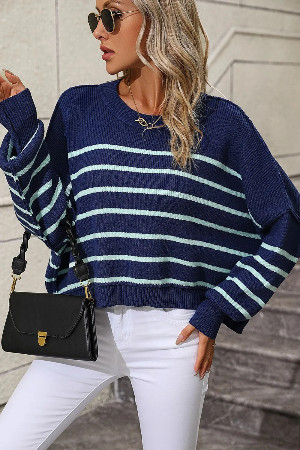 Striped Dropped Shoulder Round Neck Pullover Sweater, image 10