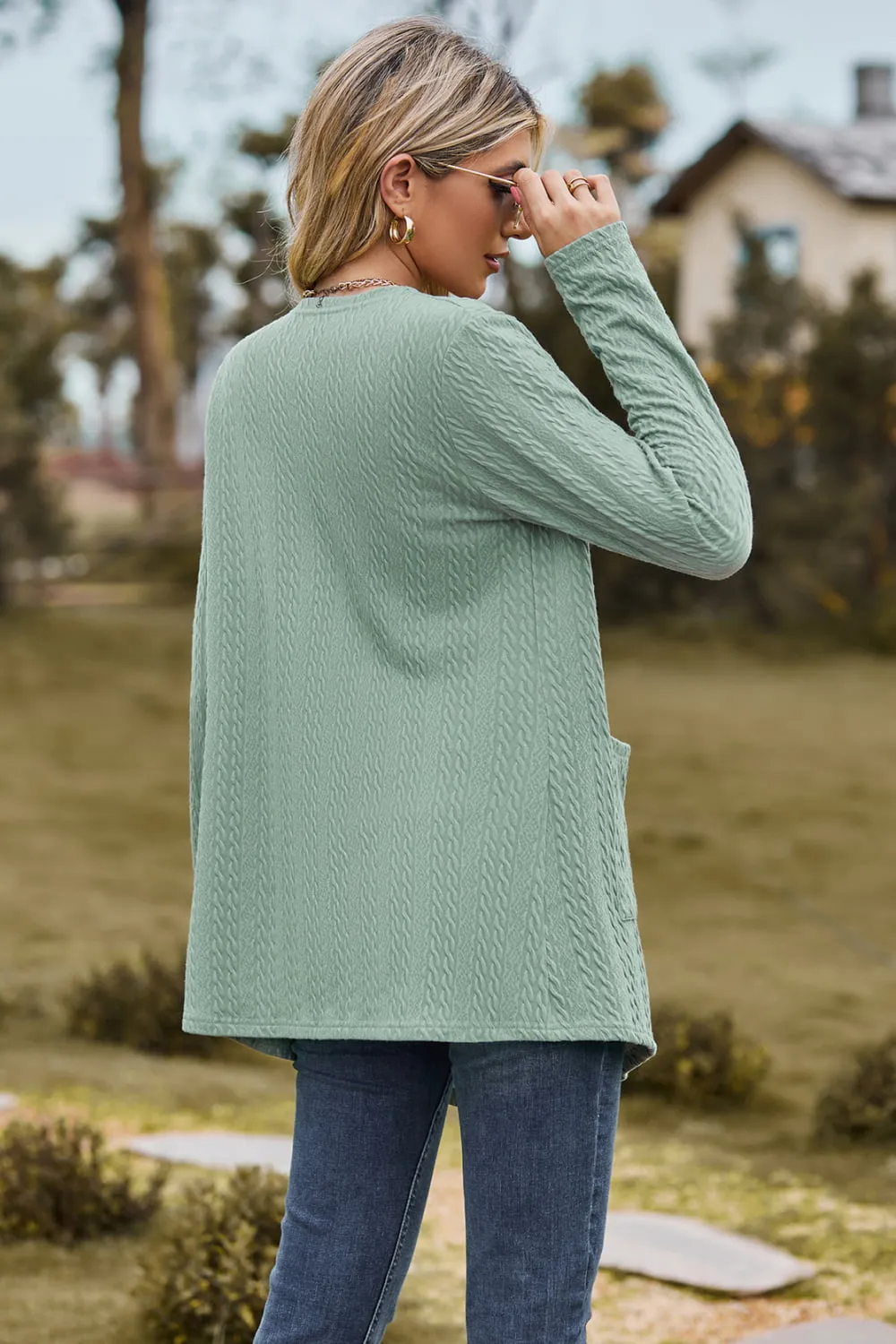 Cable-Knit Long Sleeve Cardigan with Pocket, image 3