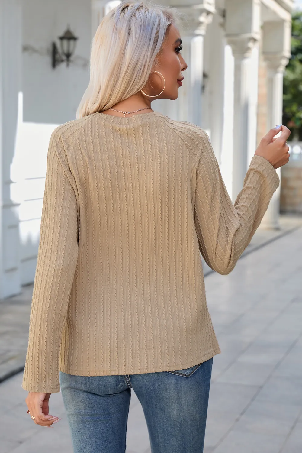 Round Neck Raglan Sleeve Ribbed Blouse, image 3