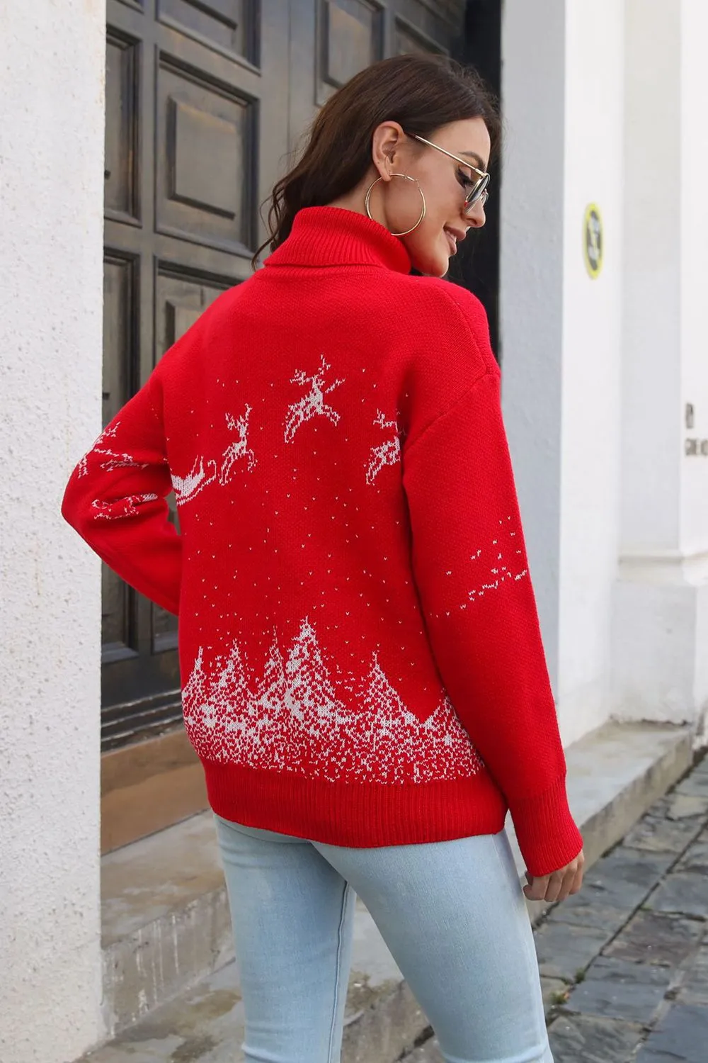 Reindeer & Snow Pattern Turtle Neck Pullover Sweater, image 2