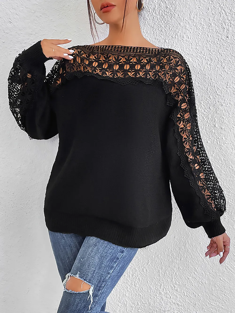 Lace Trim Boat Neck Knit Top, image 5