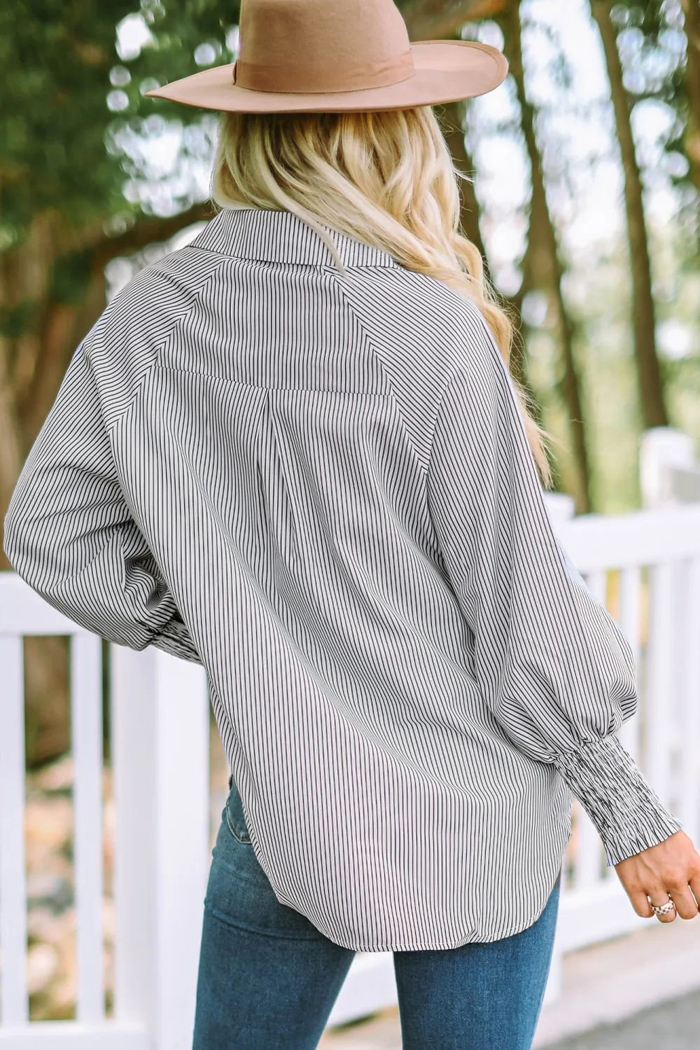 Striped Lantern Sleeve Collared Shirt, image 20