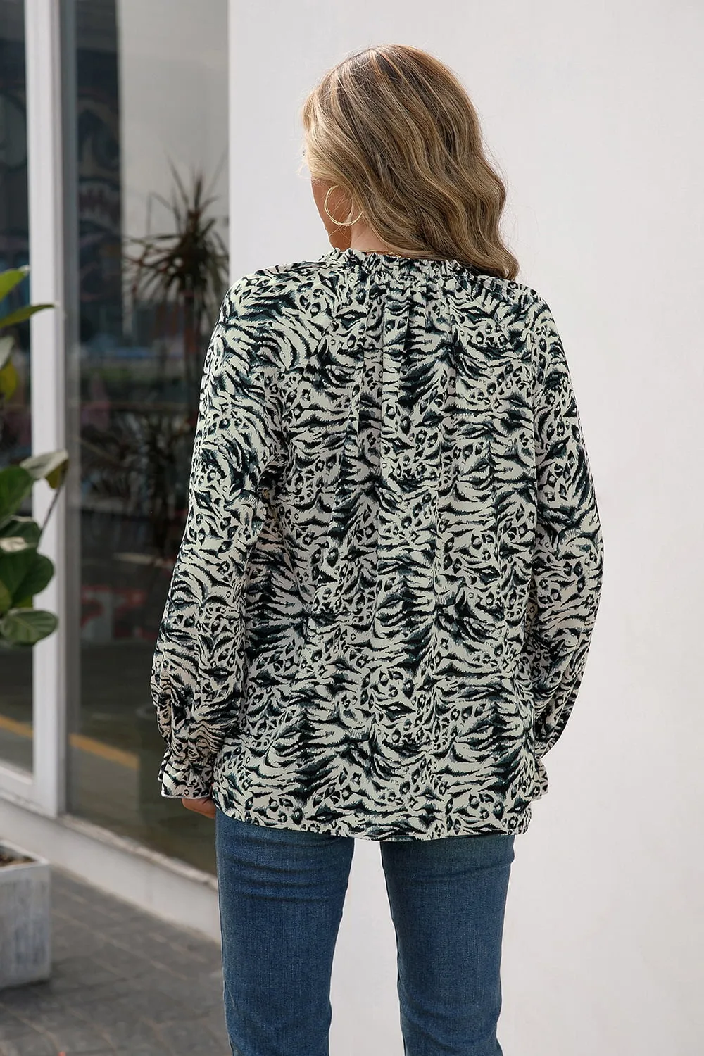 Printed Tie Neck Frill Trim Flounce Sleeve Blouse, image 11
