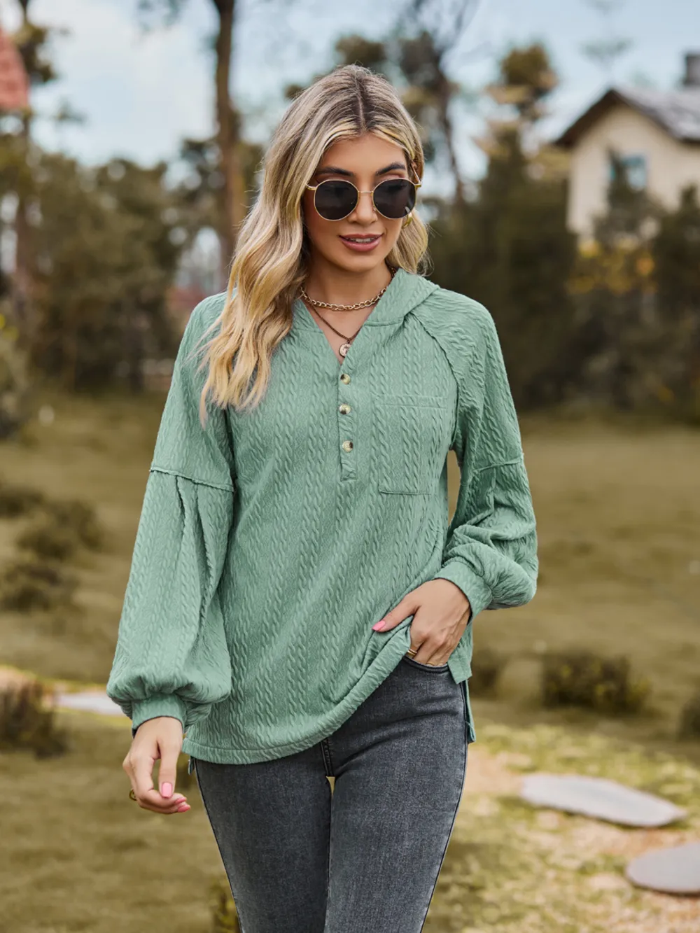 Cable-Knit Dropped Shoulder Hoodie, image 2