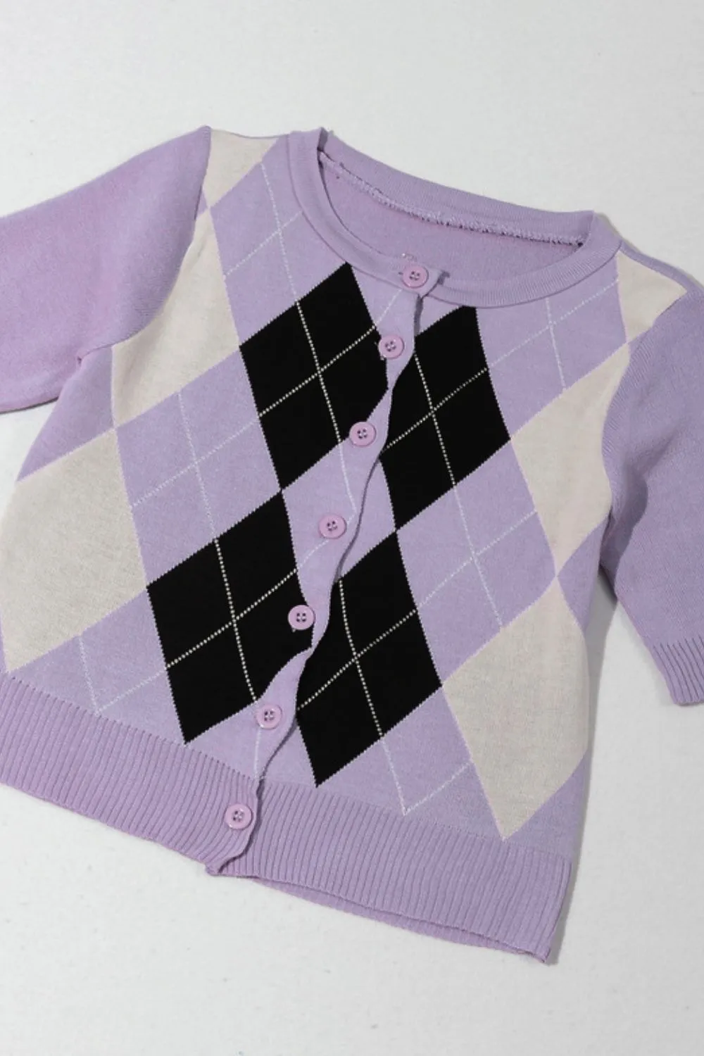 Argyle Round Neck Ribbed Trim Cardigan, image 6