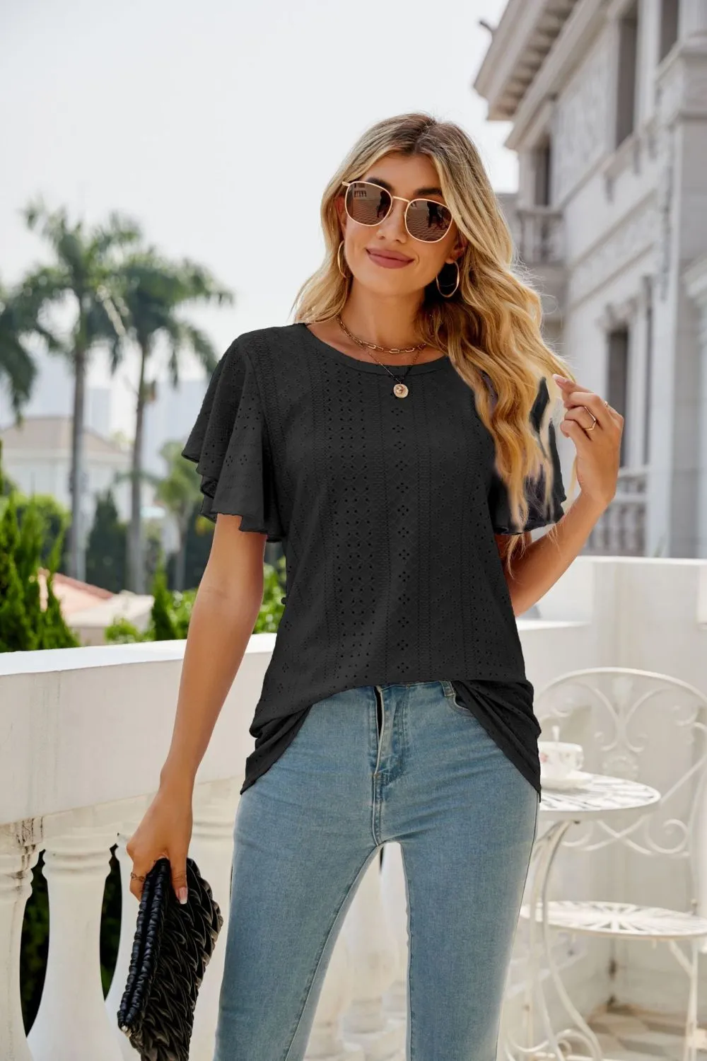 Eyelet Flutter Sleeve Round Neck Top, image 15
