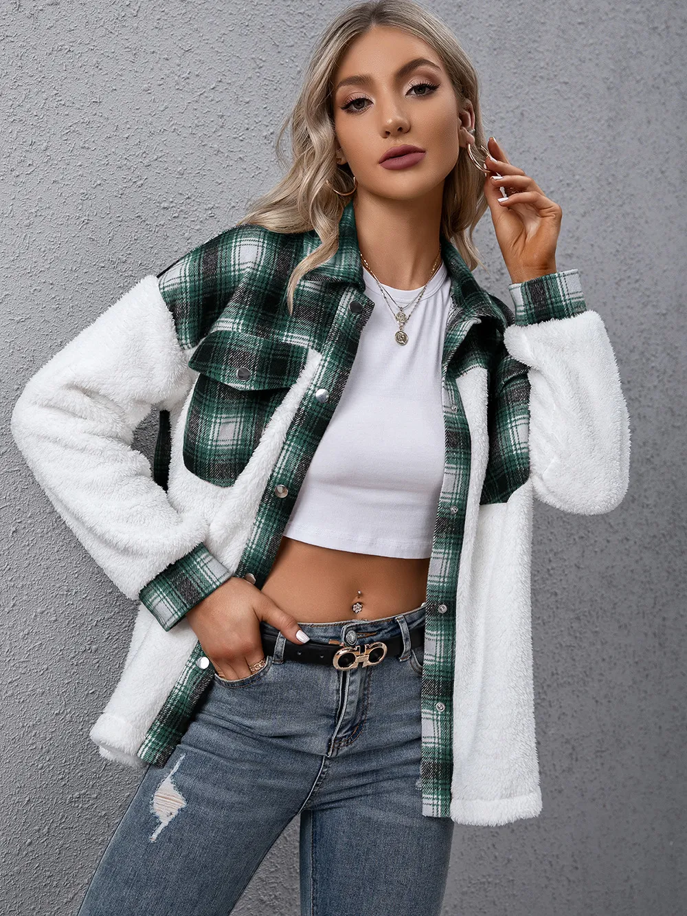 Plaid Collared Neck Button Down Jacket, image 7