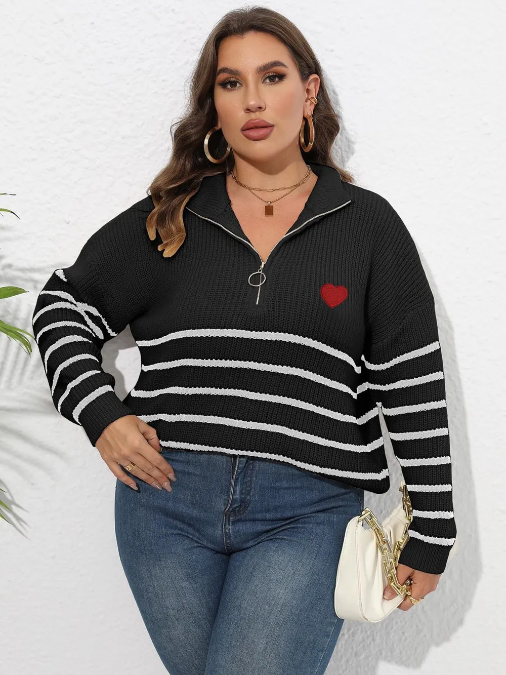 Plus Size Zip-Up Striped Sweater, image 5