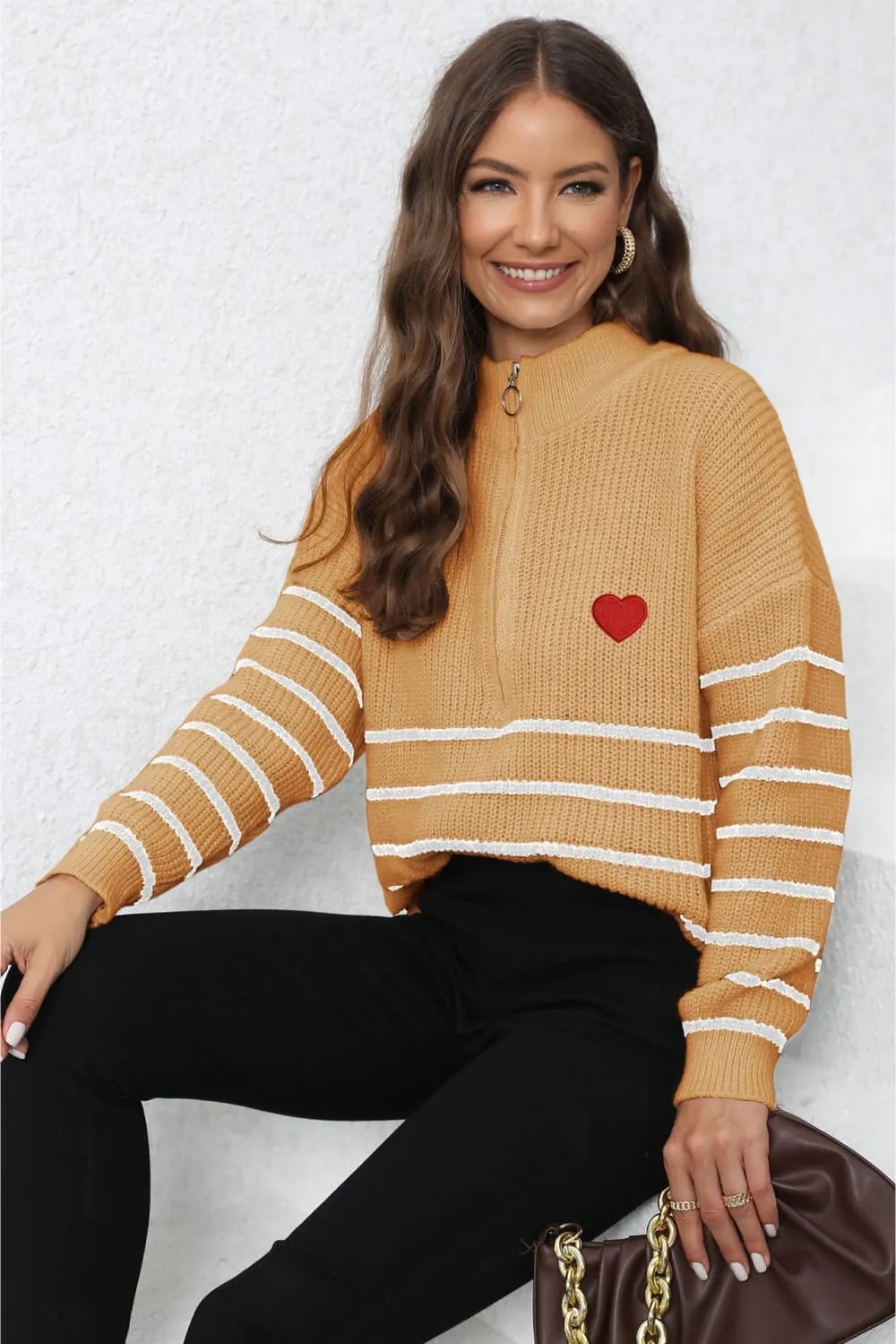 Striped Zip-Up Long Sleeve Ribbed Sweater, image 7