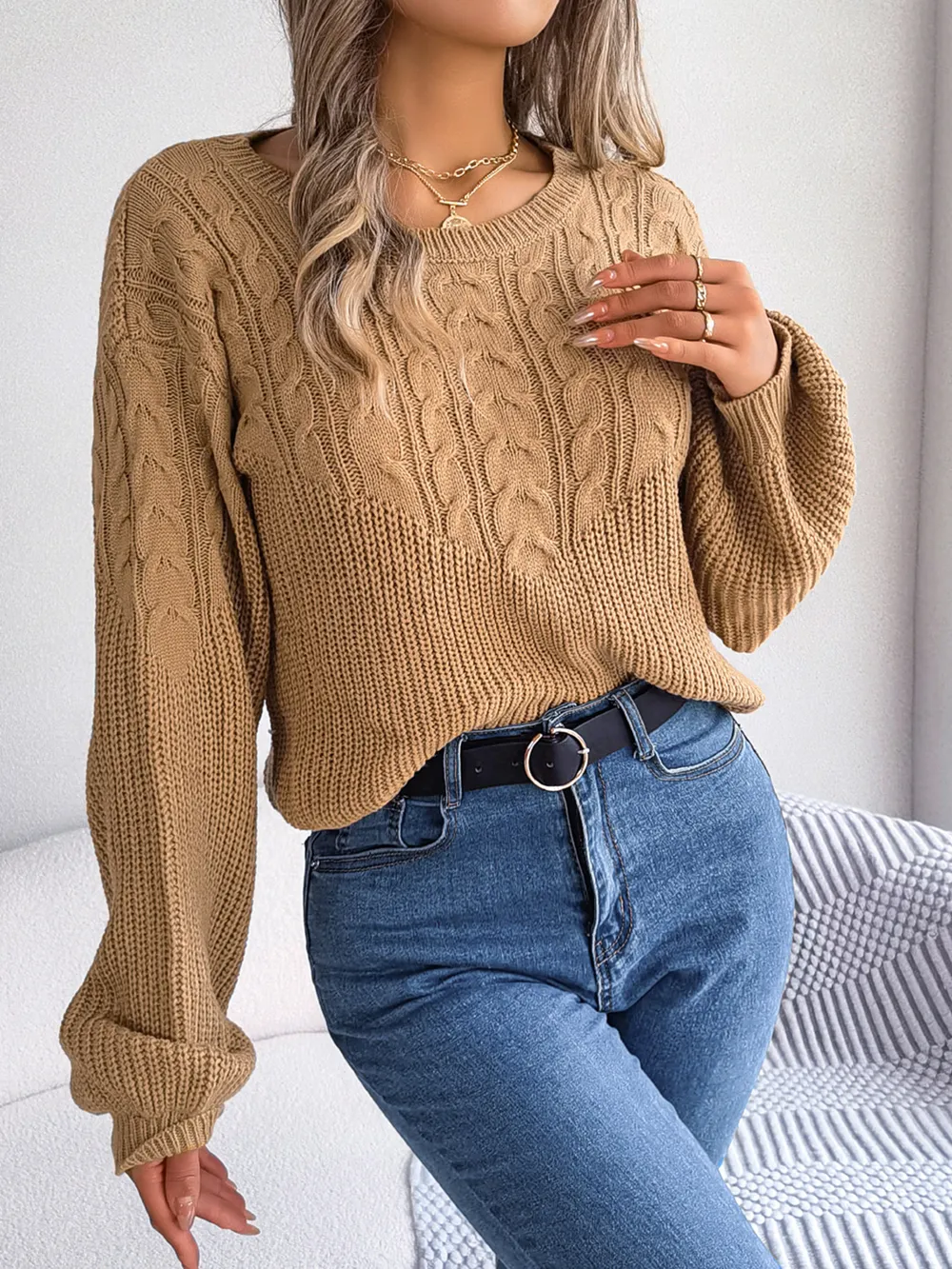 Cable-Knit Round Neck Drop Shoulder Sweater, image 4