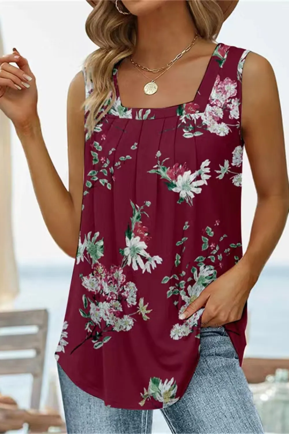 Printed Square Neck Curved Hem Tank, image 23