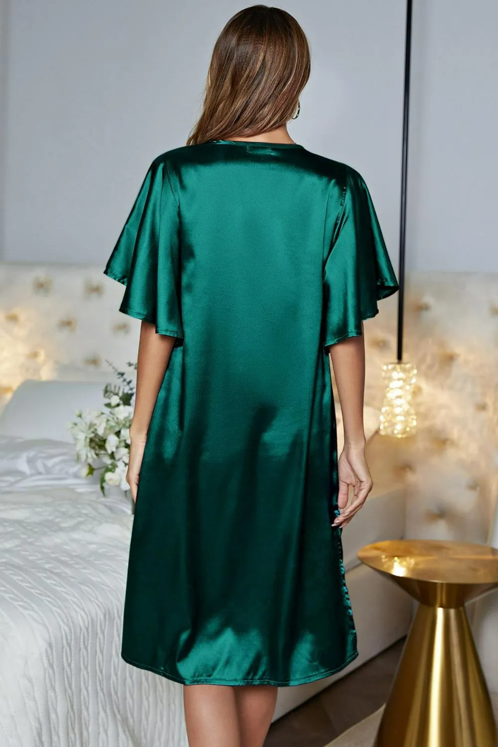 Satin Flutter Sleeve Side Slit V-Neck Night Dress, image 9