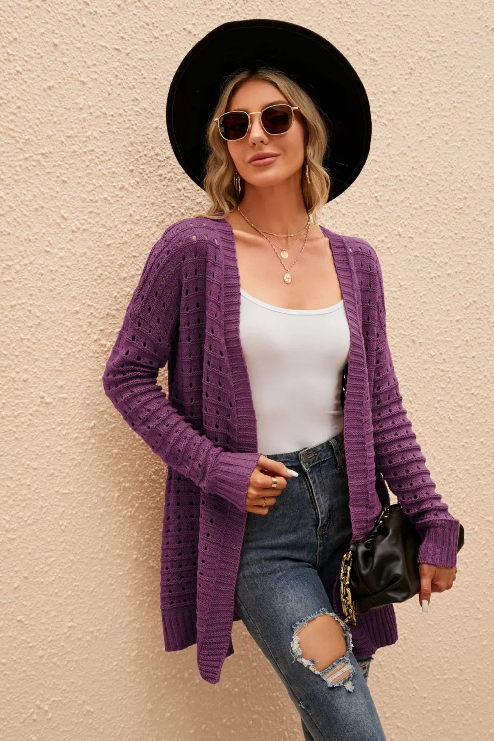 Openwork Horizontal Ribbing Open Front Cardigan, image 6