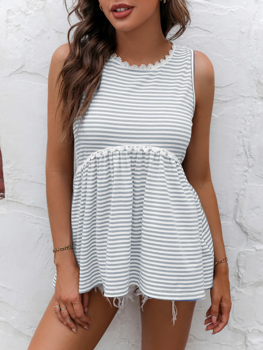 Striped Lace Trim Round Neck Tank, image 9