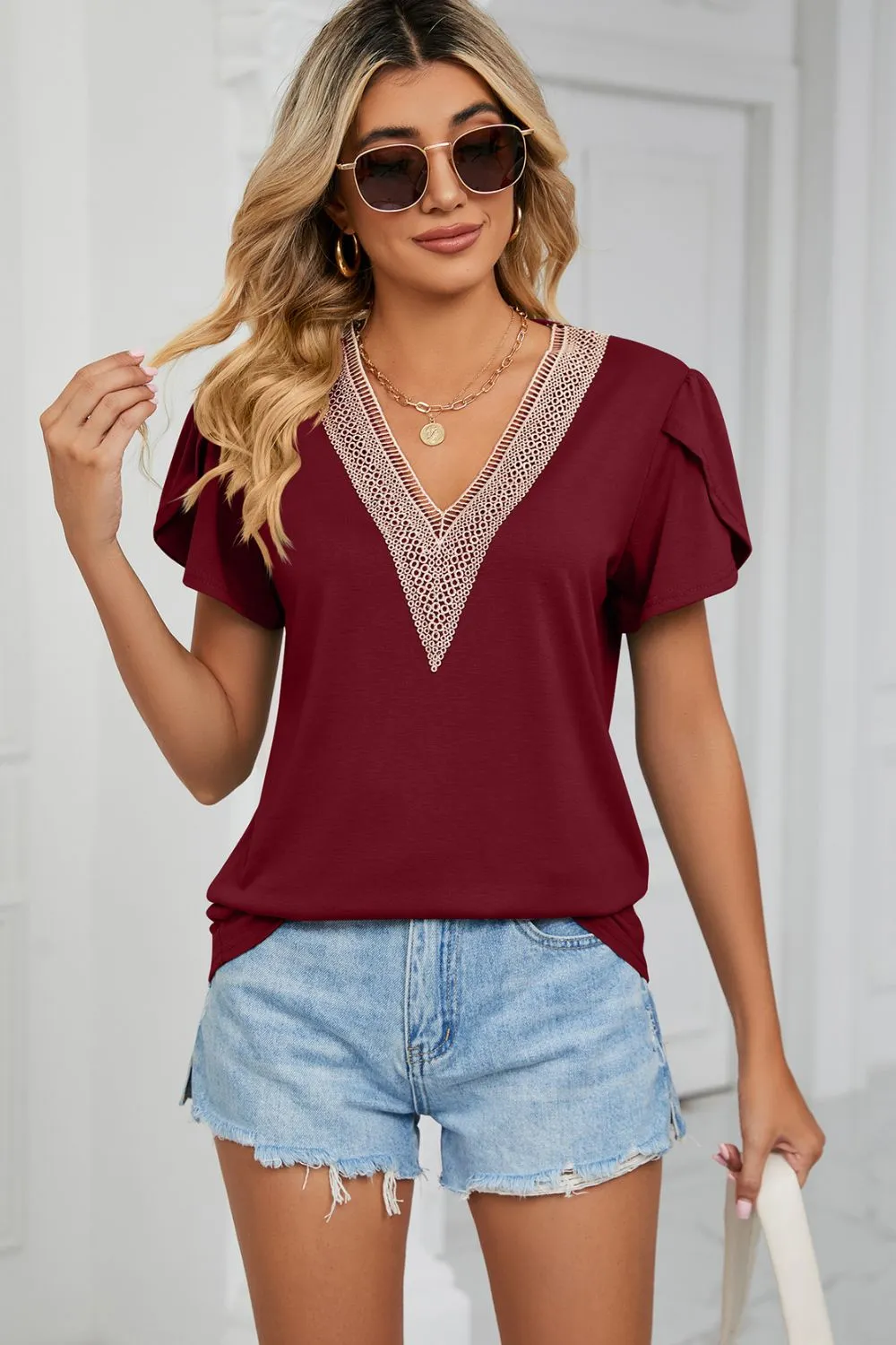 Contrast Trim Petal Sleeve V-Neck Top, image 9
