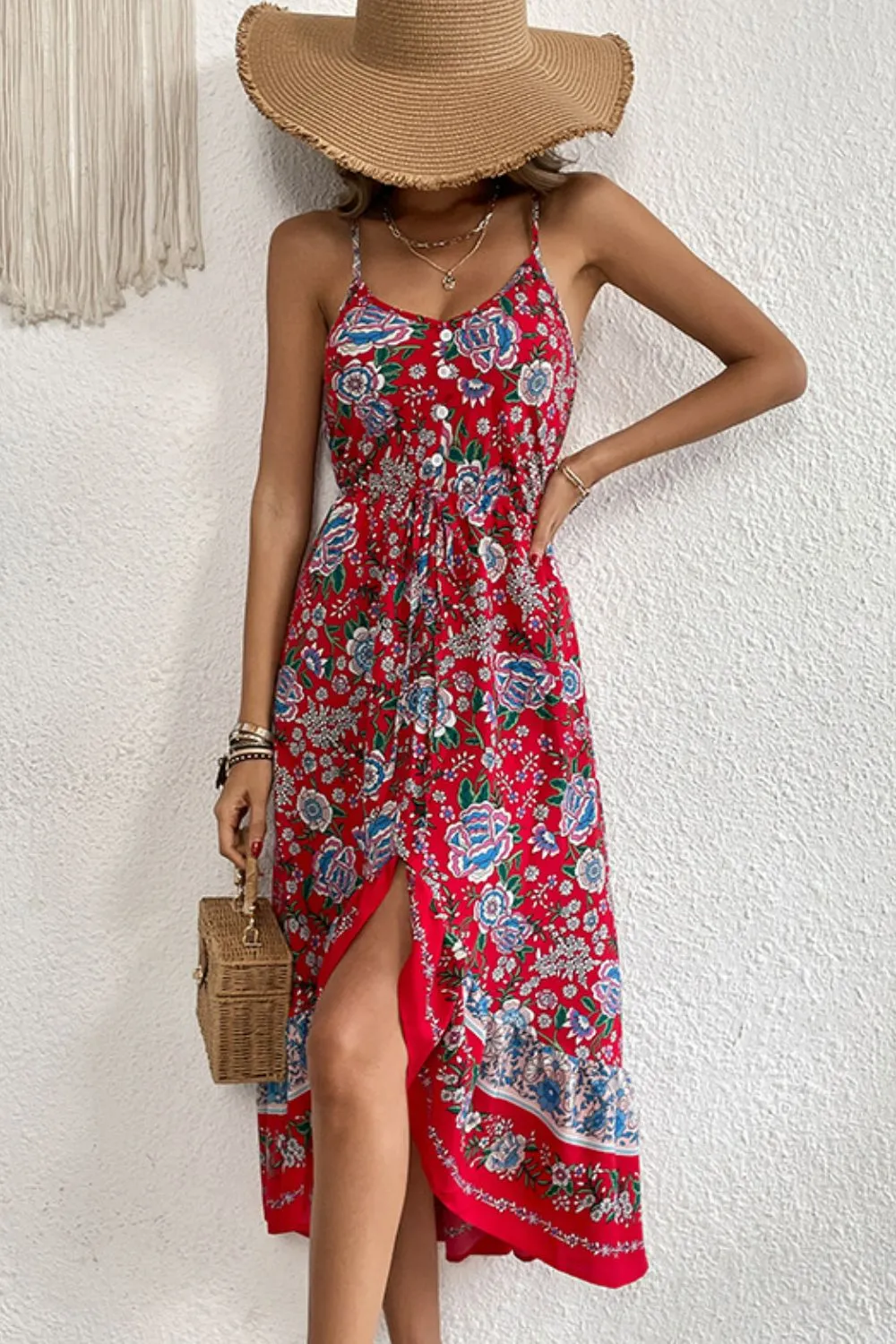 Bohemian Decorative Button Spaghetti Strap Dress, image 5