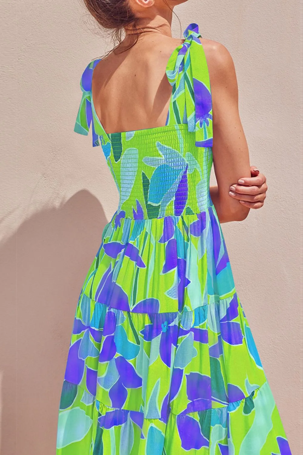 Floral Tie-Shoulder Smocked Midi Dress, image 5