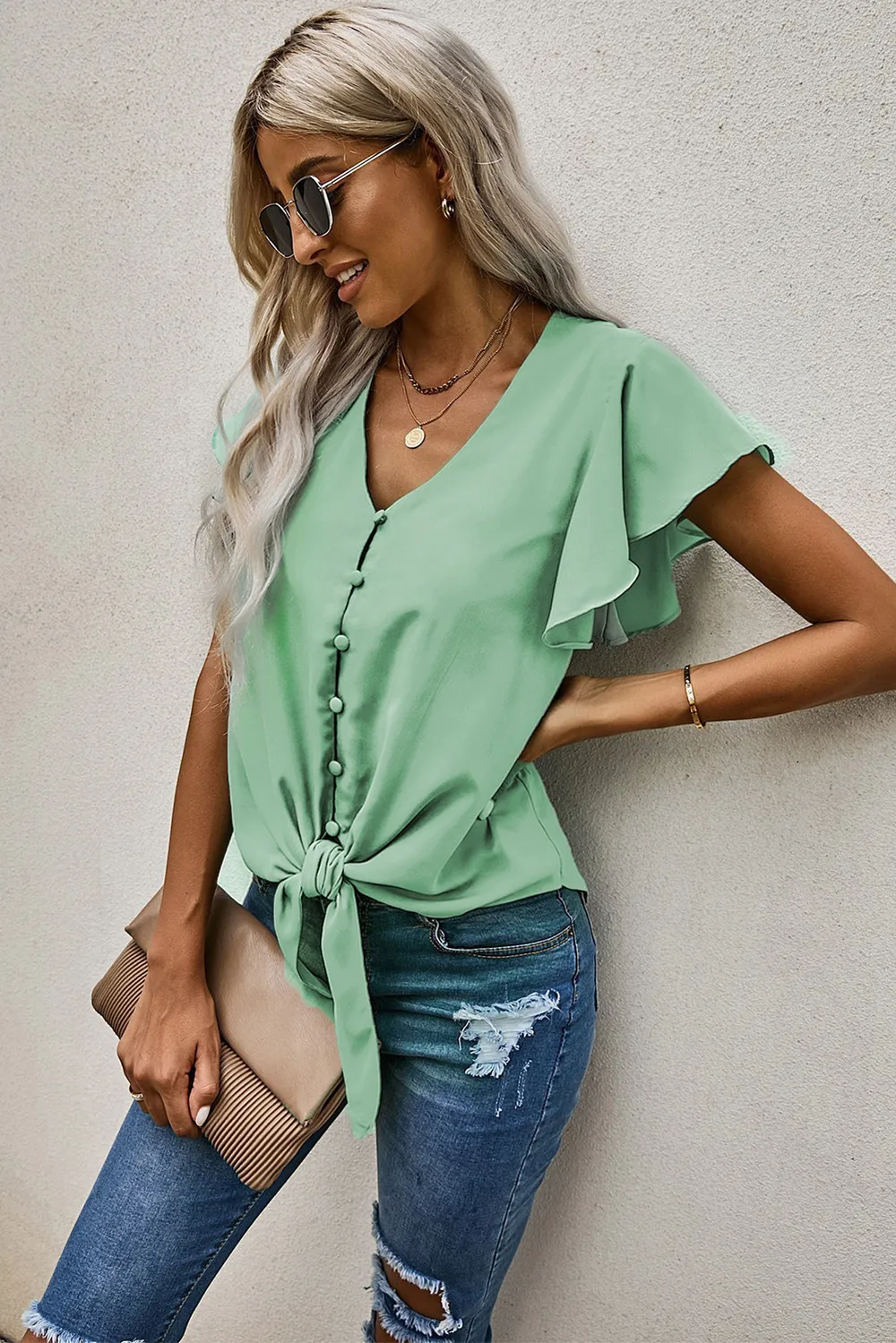 V-Neck Tie Hem Flutter Sleeve Blouse, image 19