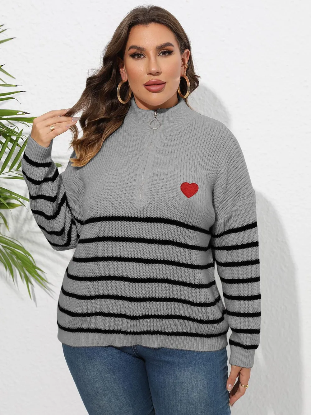 Plus Size Zip-Up Striped Sweater, image 14