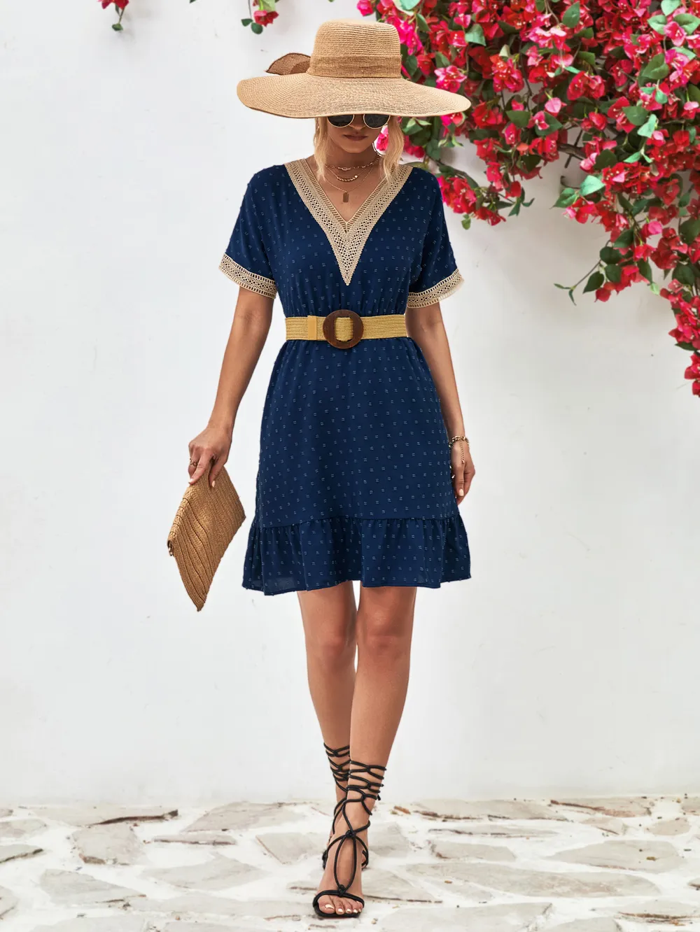 Contrast V-Neck Short Sleeve Mini Dress, image 11