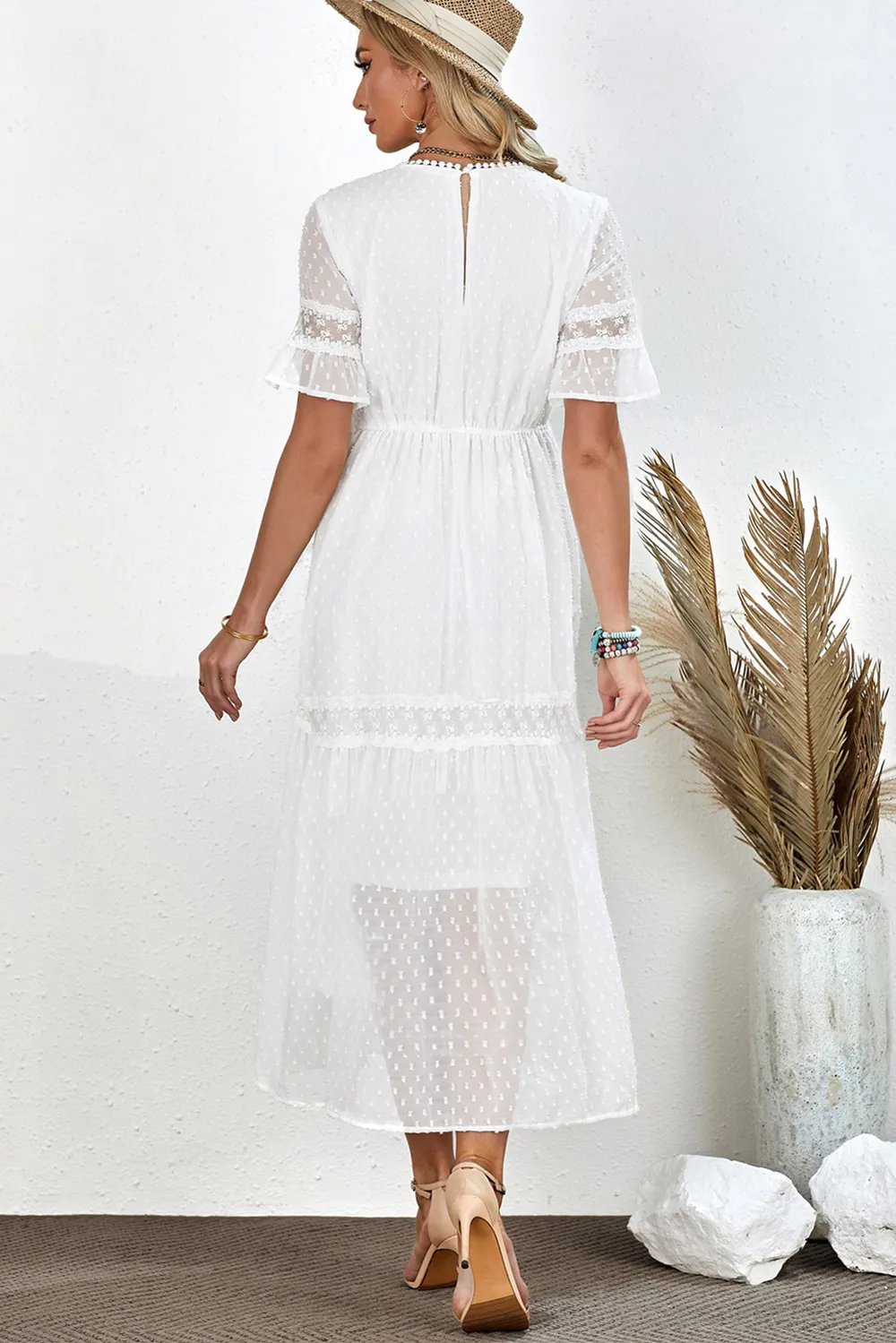 Swiss Dot V-Neck Short Sleeve Midi Dress, image 3