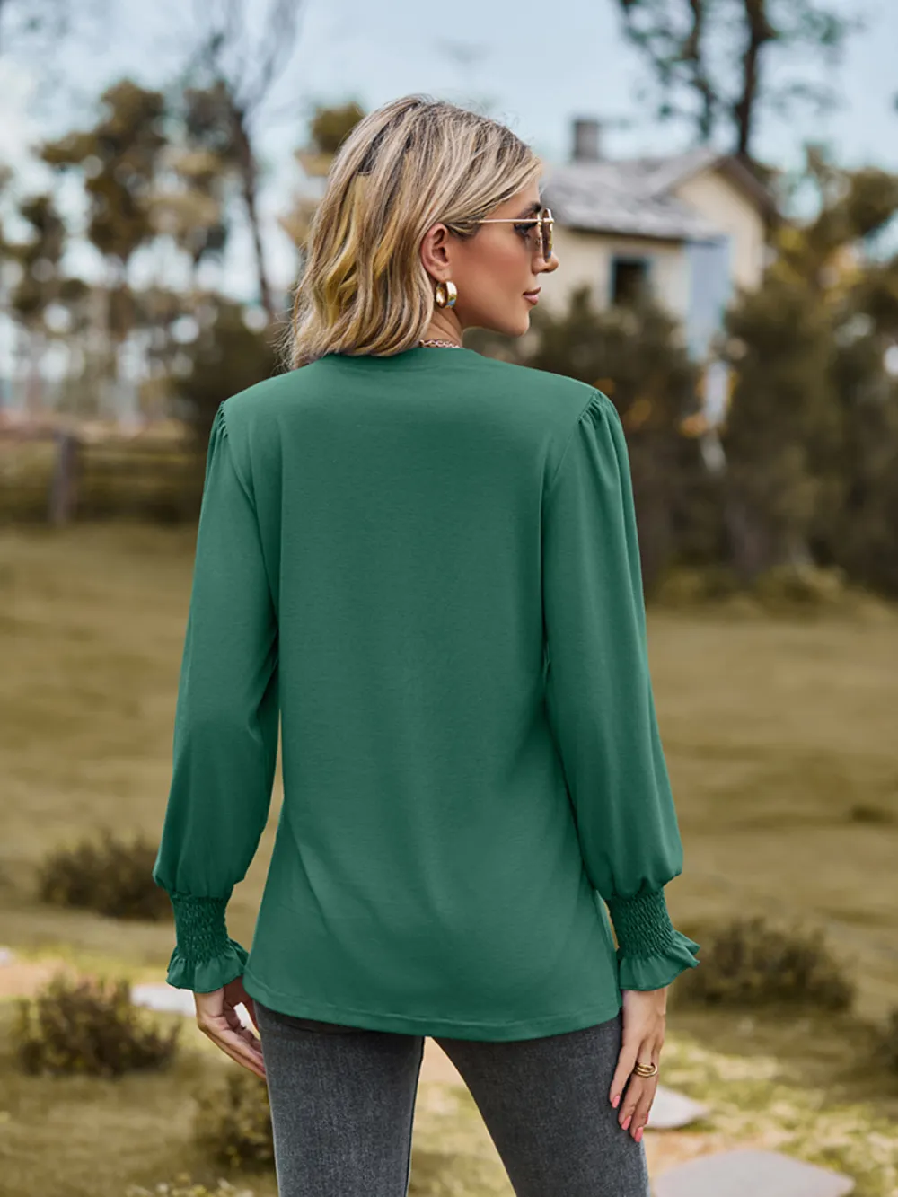 Notched Neck Flounce Sleeve Blouse, image 18