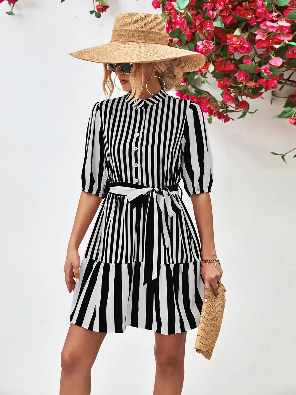 Striped Half Sleeve Tie Waist Mini Dress, image 14