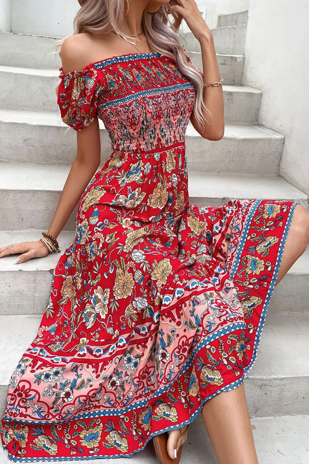 Floral Off-Shoulder Smocked Midi Dress, image 5