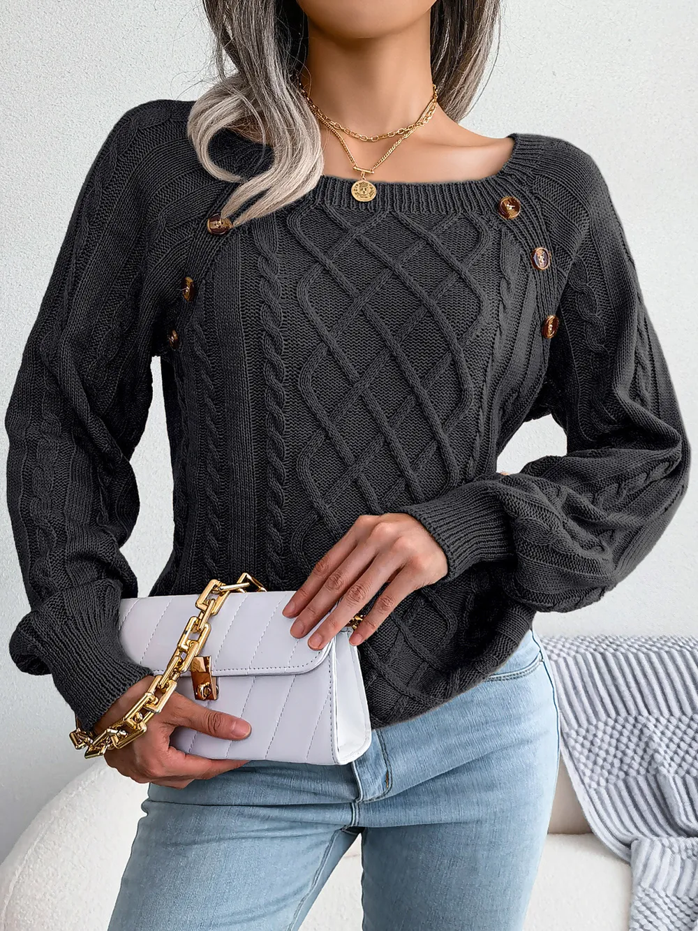 Decorative Button Cable-Knit Sweater, image 10