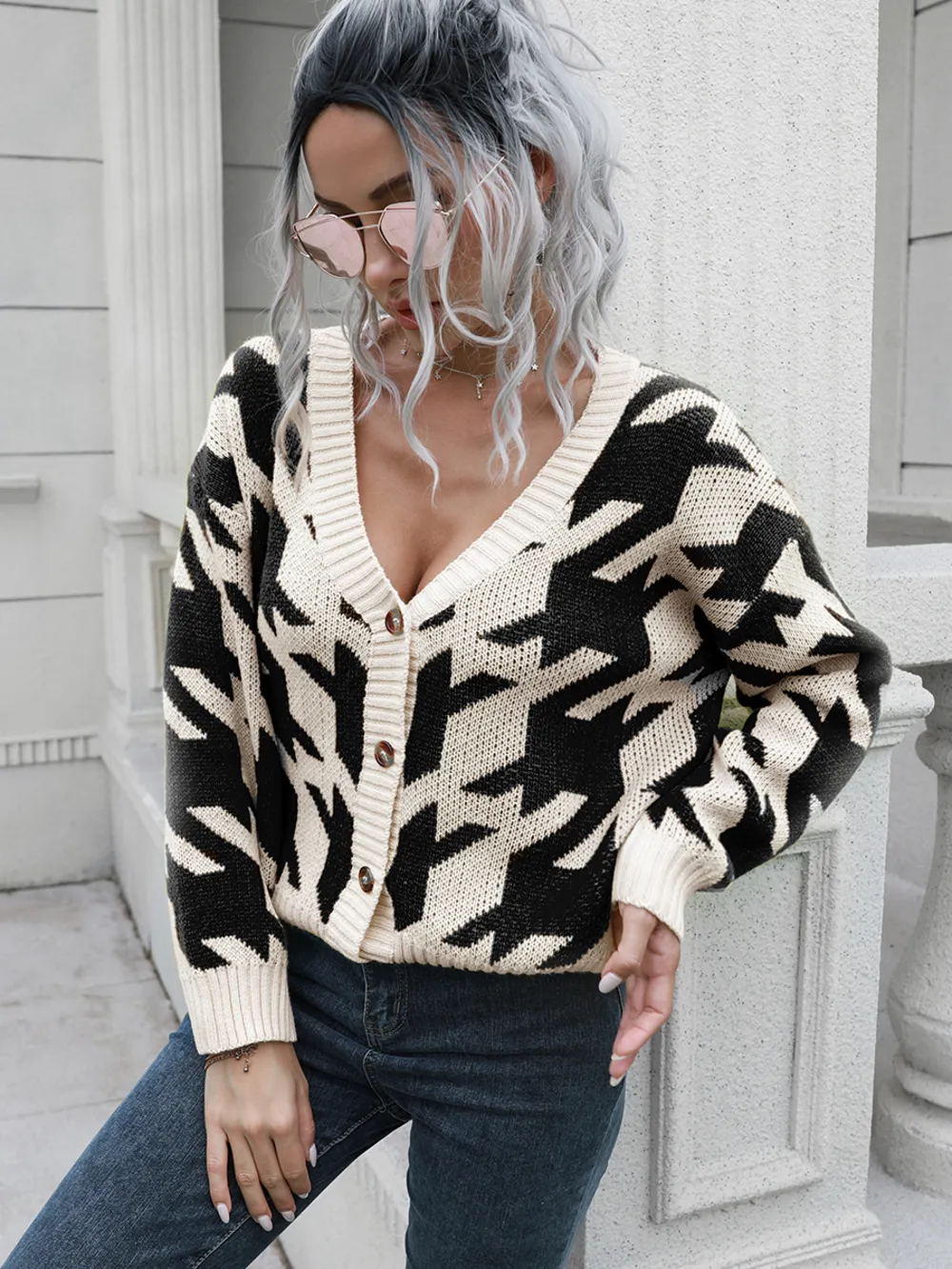 Houndstooth Button Down Cardigan, image 2
