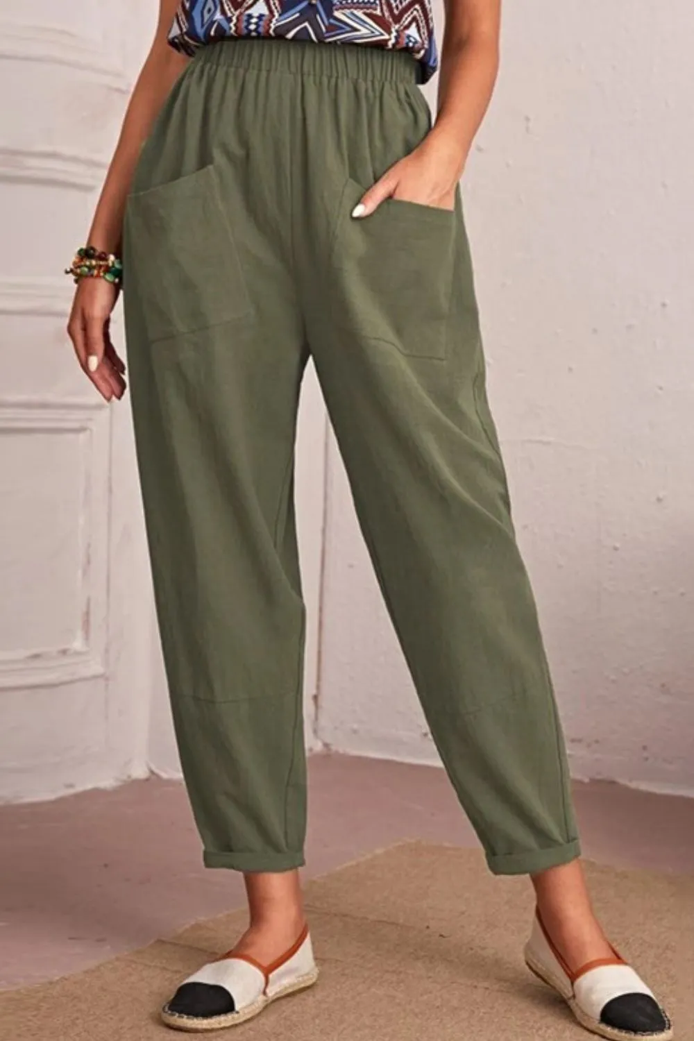 Elastic Waist Pocket Tapered Pants, image 7