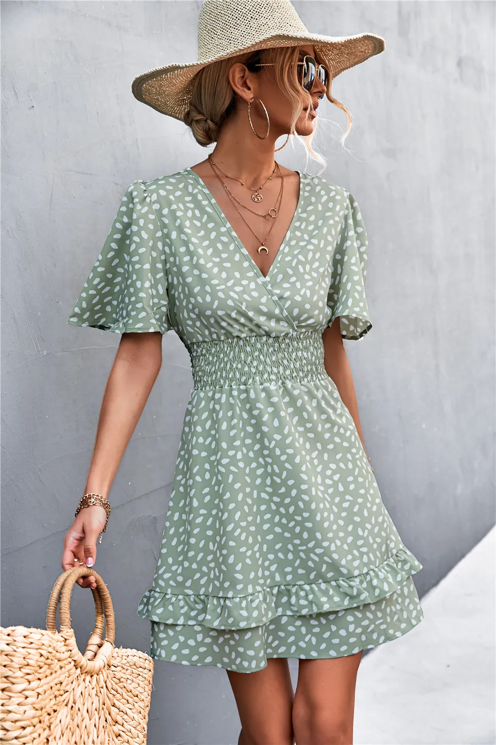 Printed Smocked Waist Layered Surplice Dress, image 13
