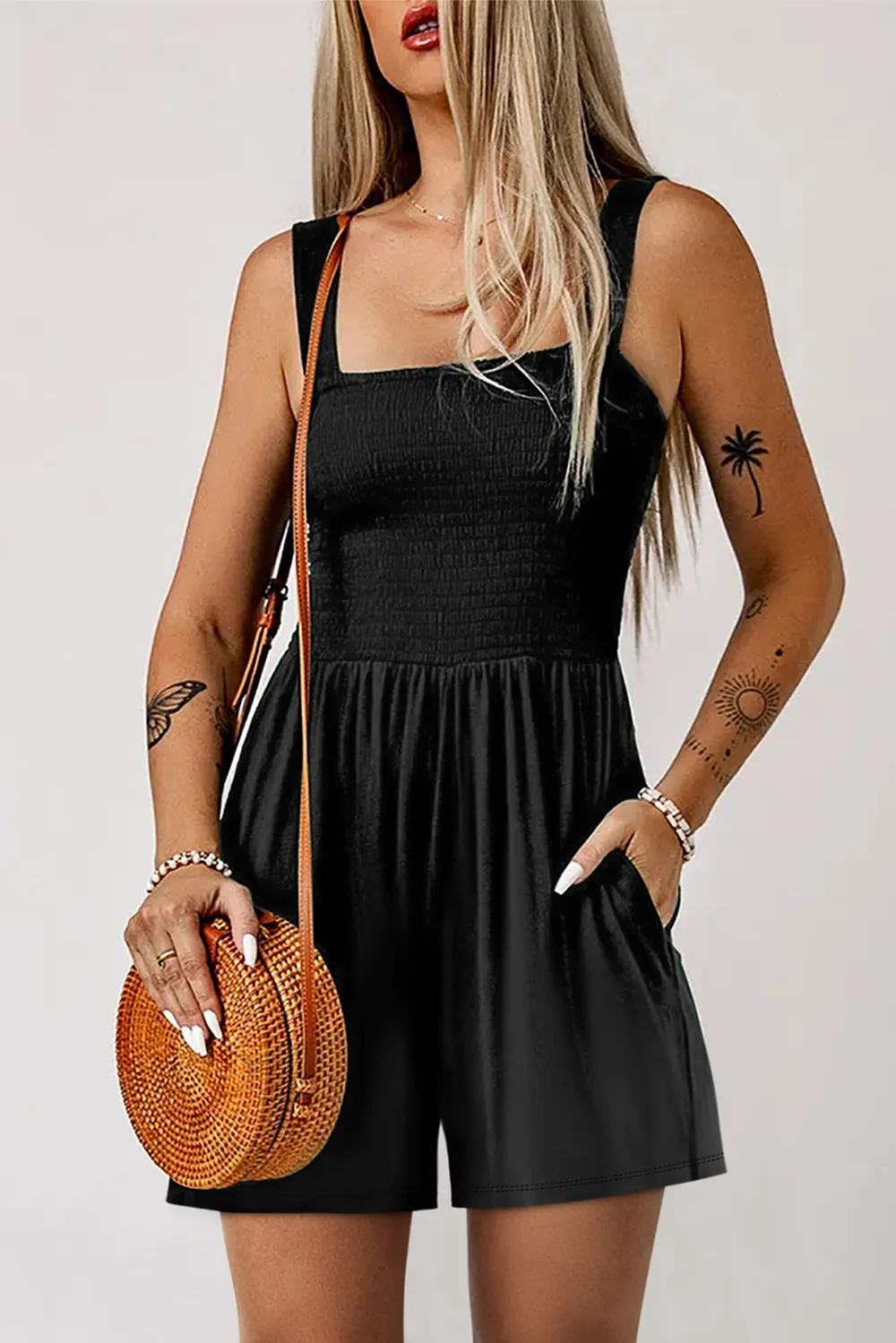 Square Neck Smocked Romper with Pocket, image 3