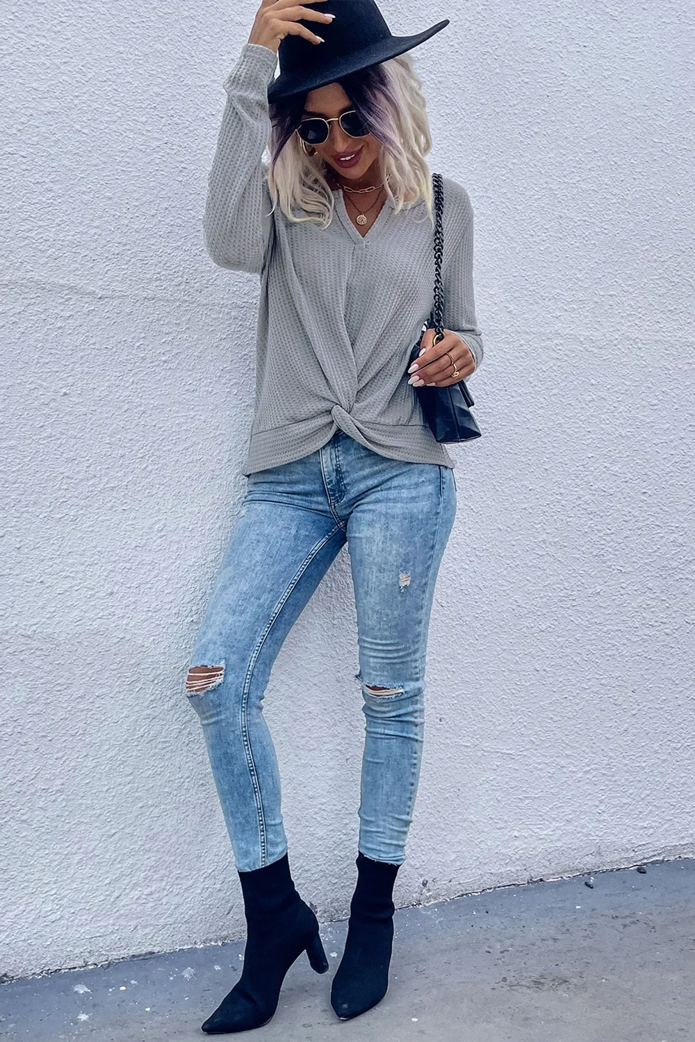Twist Front Long Sleeve Waffle Knit Top, image 10