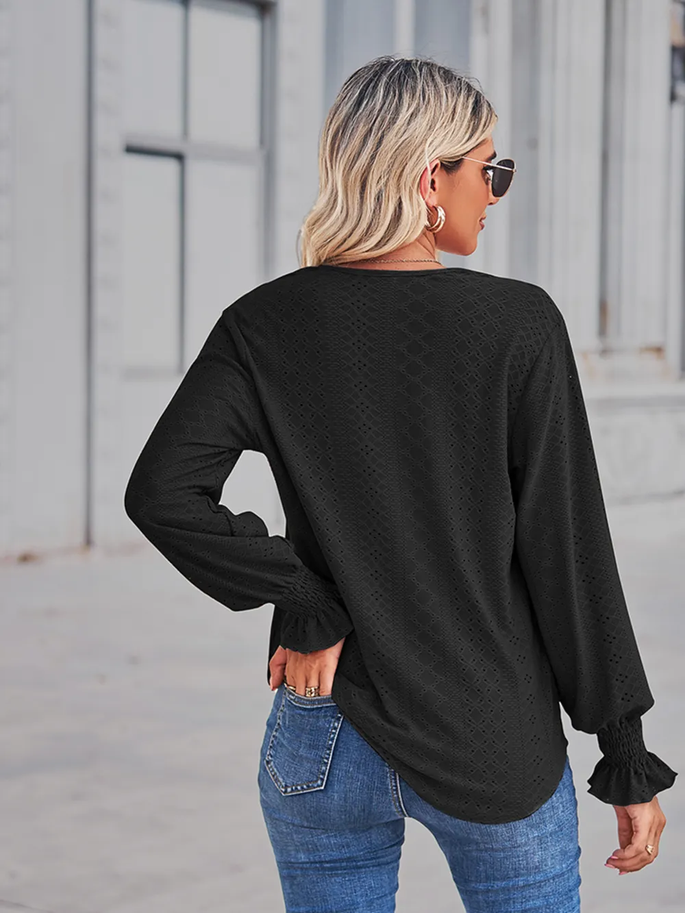 V-Neck Eyelet Flounce Sleeve Blouse, image 9