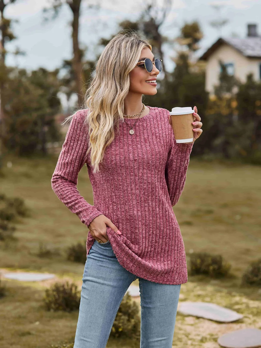 Ribbed Round Neck Long Sleeve Tee, image 2