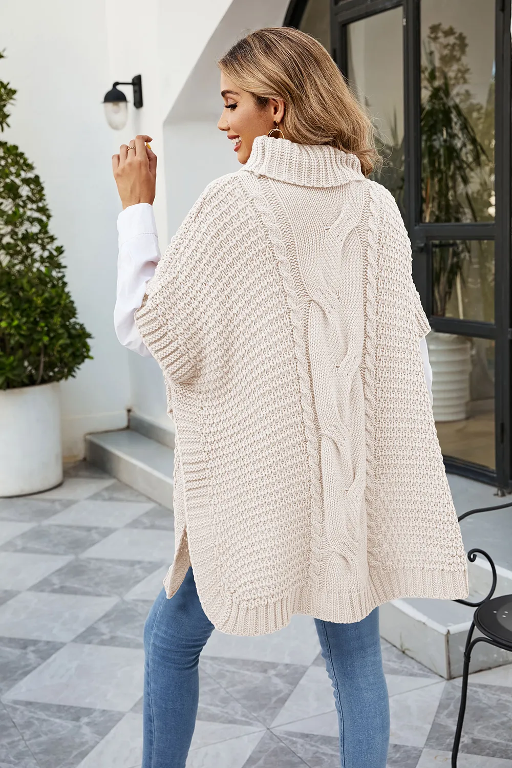 Cable-Knit Turtleneck Slit Sweater, image 10