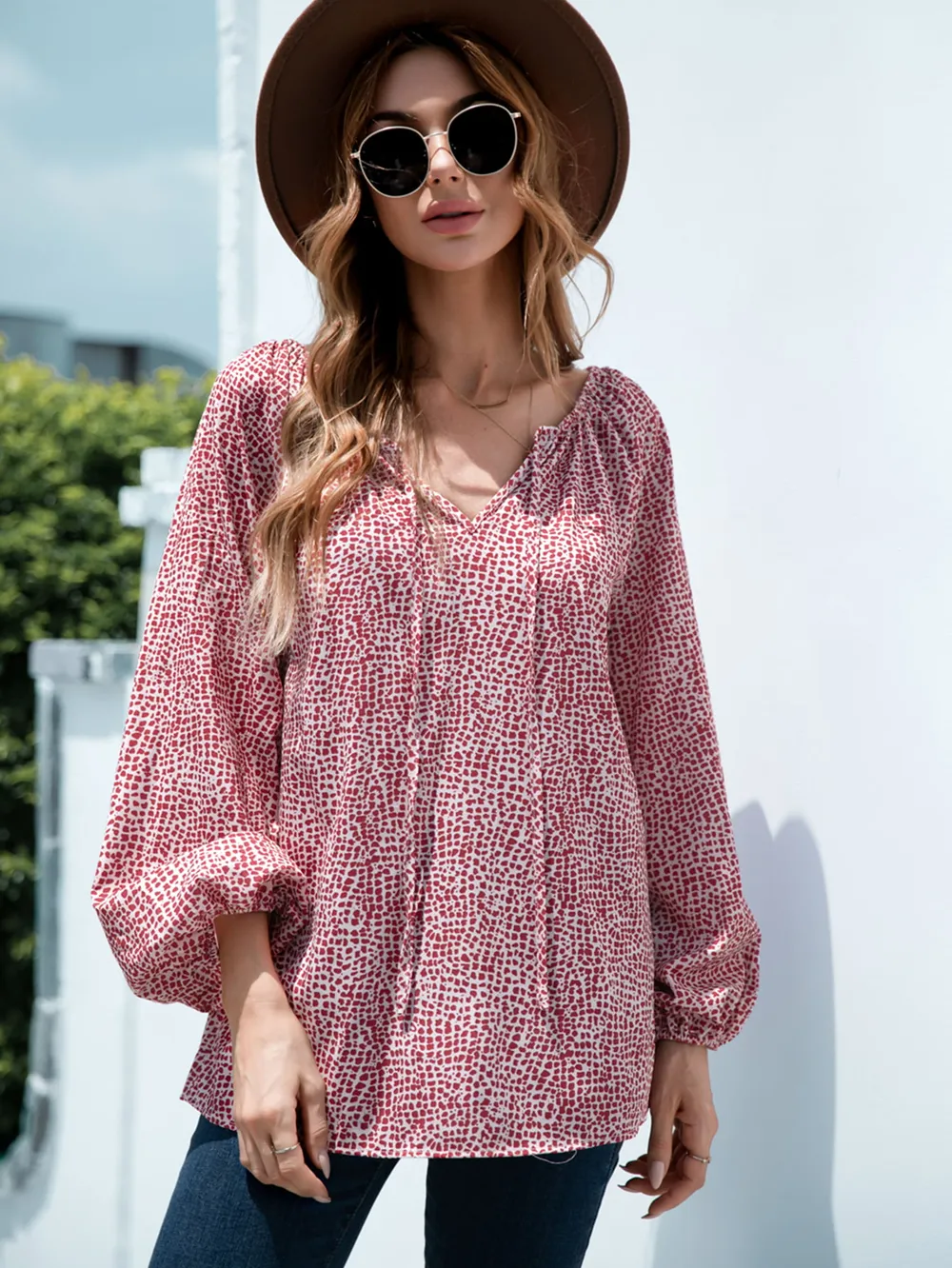 Printed Tie-Neck Balloon Sleeve Blouse, image 7