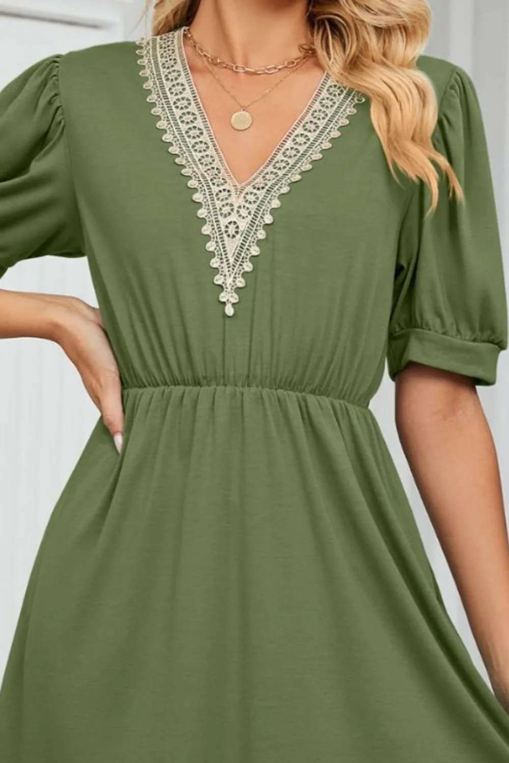 Contrast V-Neck Puff Sleeve Pocket Dress, image 24