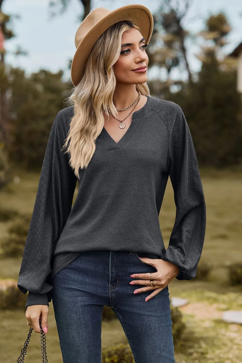 Notched Neck Raglan Sleeve Blouse, image 16