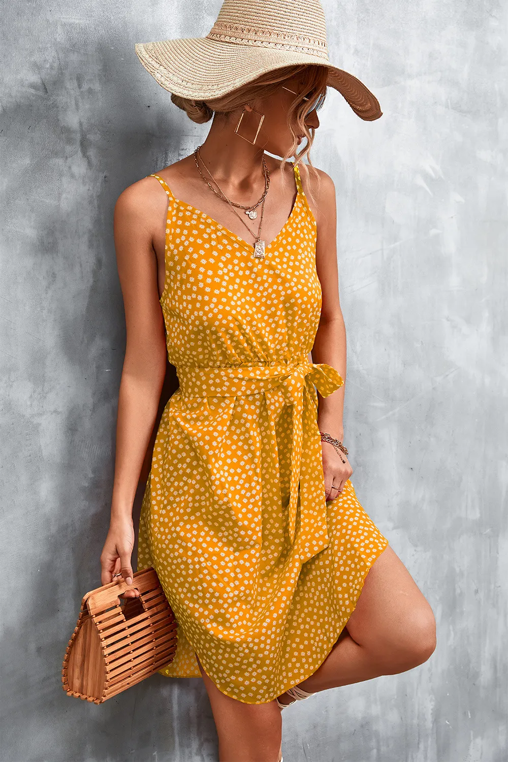 Printed V-Neck Tie Waist Mini Dress, image 17