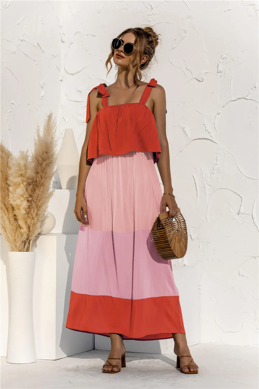 Color Block Tie Shoulder Tiered Sleeveless Dress, image 6