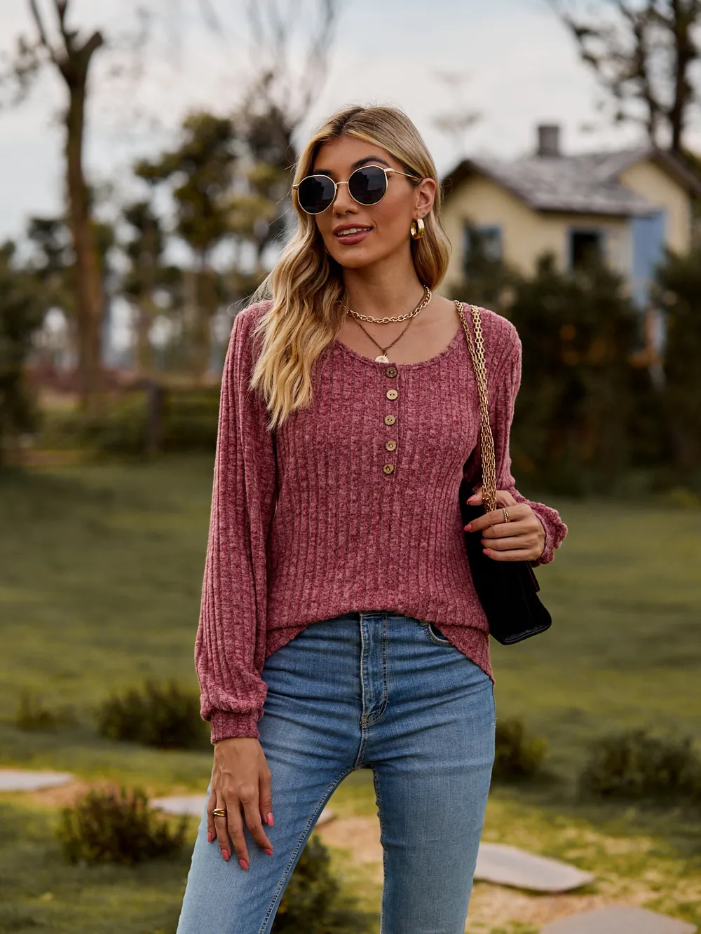 Round Neck Button-Down Long Sleeve Tee, image 15